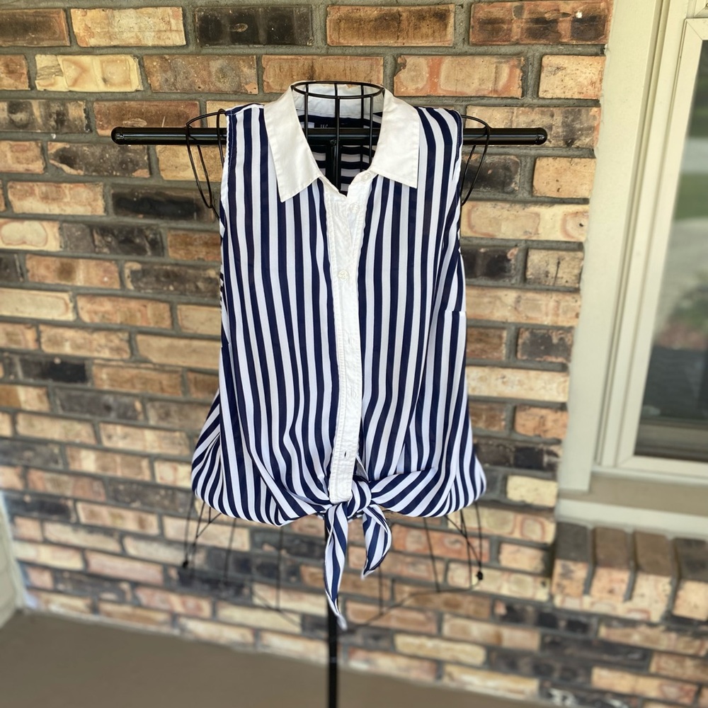 INC International Concepts Navy and White Striped button down, sleeveless top. L